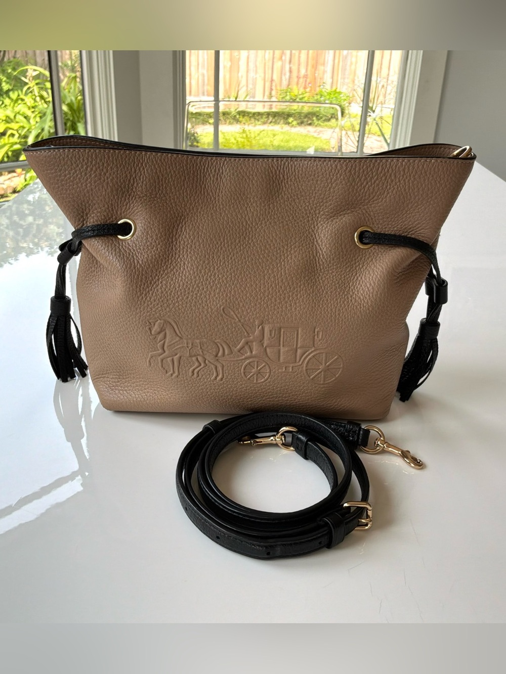 COACH Andy Crossbody Bag Pebbled Leather Horse & Carriage Taupe Black CA164